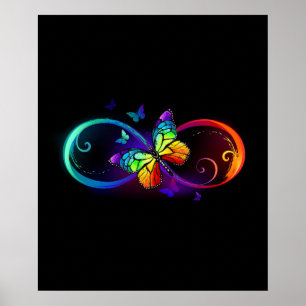 Poster Vibrant infinity with rainbow butterfly on black