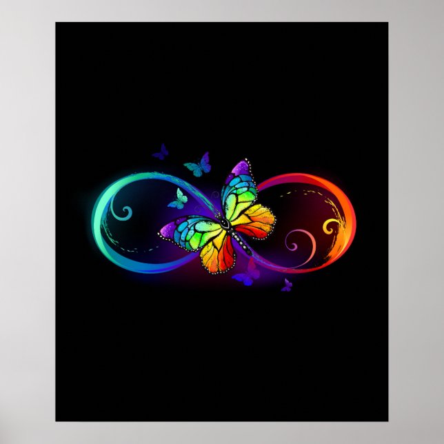 Poster Vibrant infinity with rainbow butterfly on black (Devant)
