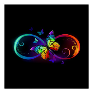 Poster Vibrant infinity with rainbow butterfly on black