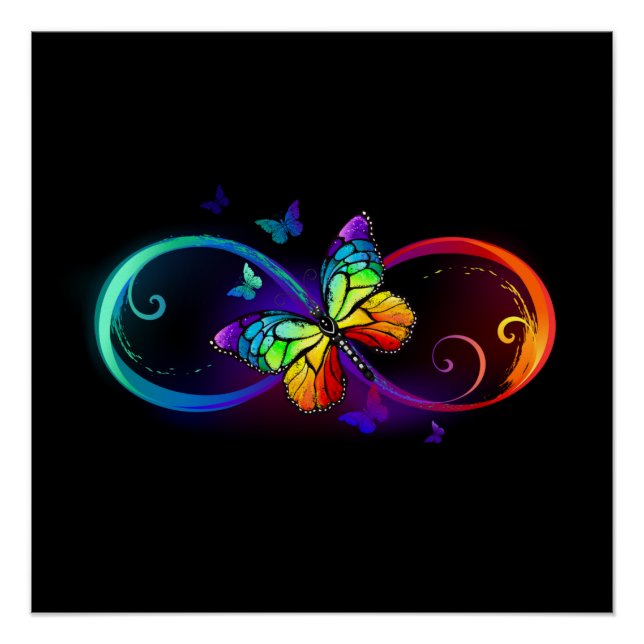 Poster Vibrant infinity with rainbow butterfly on black (Devant)