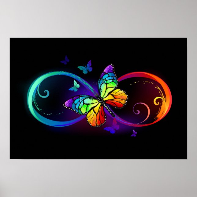 Poster Vibrant infinity with rainbow butterfly on black (Devant)