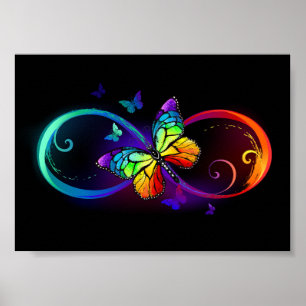 Poster Vibrant infinity with rainbow butterfly on black
