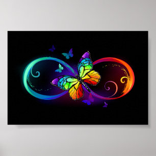 Poster Vibrant infinity with rainbow butterfly on black