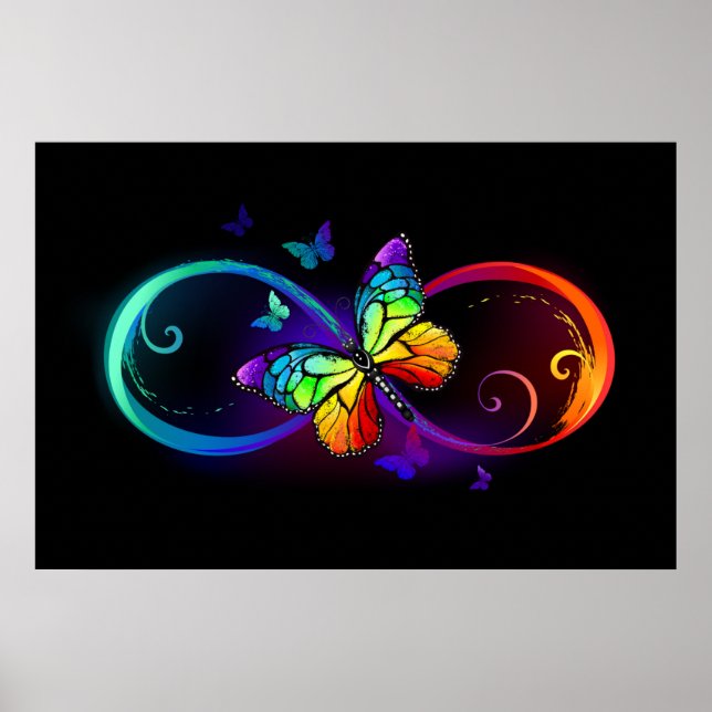 Poster Vibrant infinity with rainbow butterfly on black (Devant)