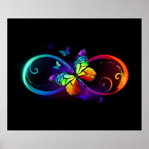 Poster Vibrant infinity with rainbow butterfly on black