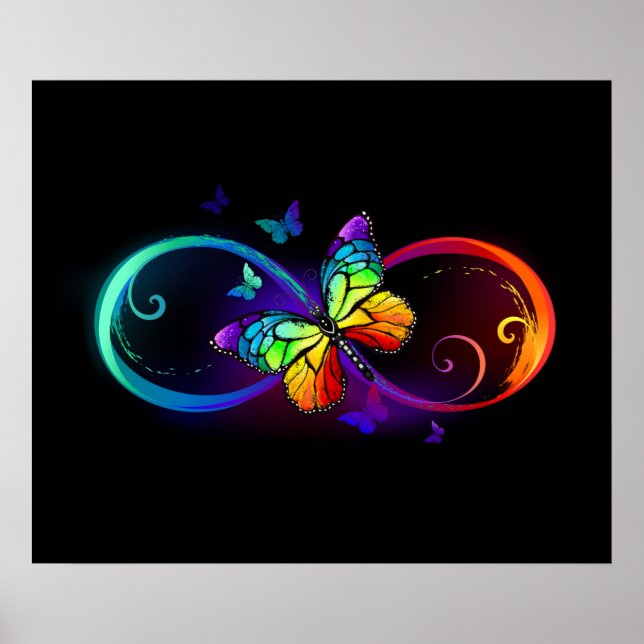 Poster Vibrant infinity with rainbow butterfly on black (Devant)