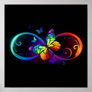 Poster Vibrant infinity with rainbow butterfly on black
