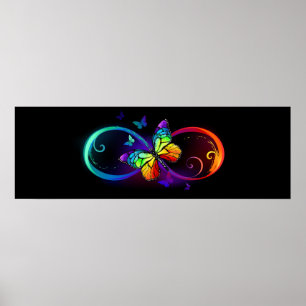 Poster Vibrant infinity with rainbow butterfly on black