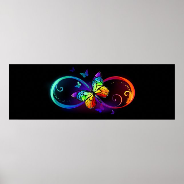 Poster Vibrant infinity with rainbow butterfly on black (Devant)