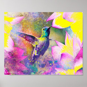 Poster Vibrant Jaune et Violet Floral Colibri Art
