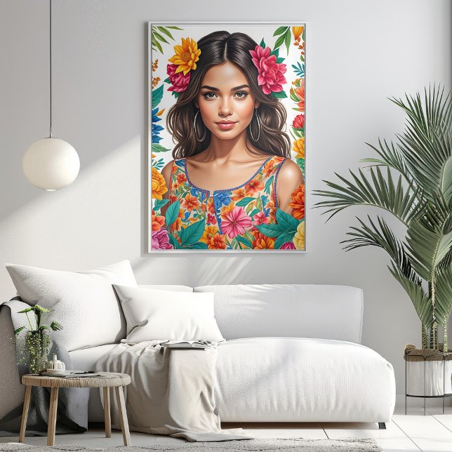 Poster Vibrant latino américaine fille aquarelle Portrait (Vibrant Latino American Girl Watercolor Portrait Poster Mockup 1)