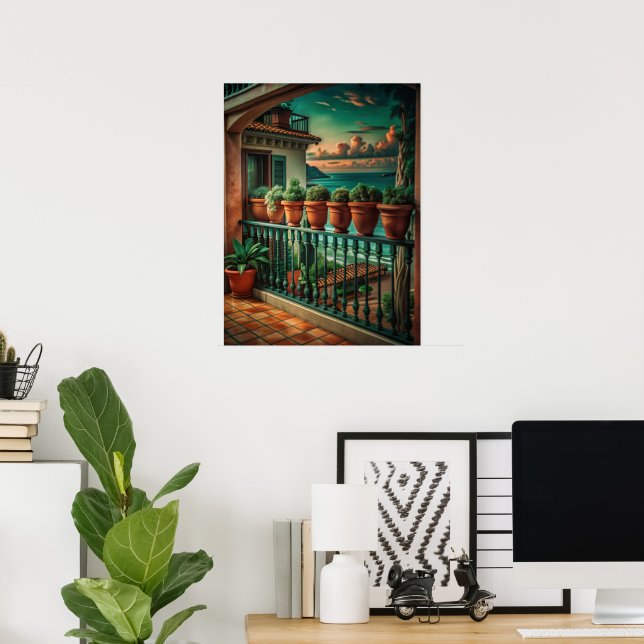 Poster Vibrant Mediterranean Balcony Sea View Art (Bureau à domicile)