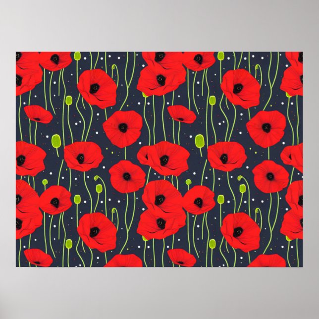 Poster Vibrant Modern Red Poppies Pattern Art (Devant)