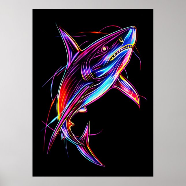 Poster Vibrant Neon Shark Modern Digital Ocean (Devant)