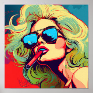 Poster Vibrant Pop Art Blonde Femme Fumer Cartoon Poste