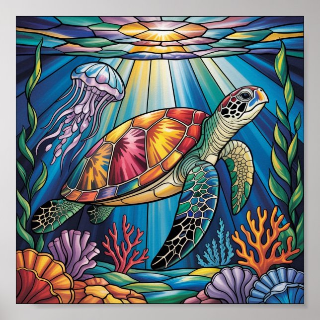 Poster Vibrant Stained Glass Sea Turtle Ocean Design (Devant)