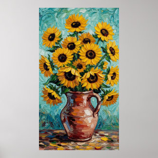 Poster Vibrant Sunflowers Impasto Oil Painting
