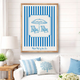 Poster Vibrations de Plage Côtière Rayures Bleues