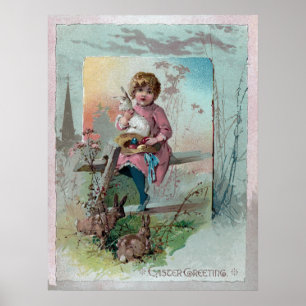 Poster Victorian Girl on Fence With Easter Rabbits
