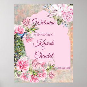 Poster Victorian peacock and pink roses pink background