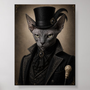 Poster Victorian Sphynx Cat Portrait Print, Gothic Cat Wa