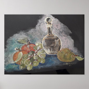 Poster Vie continue avec des fruits et une bouteille de v