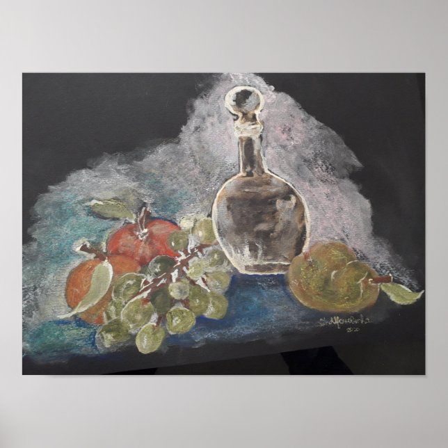 Poster Vie continue avec des fruits et une bouteille de v (Devant)