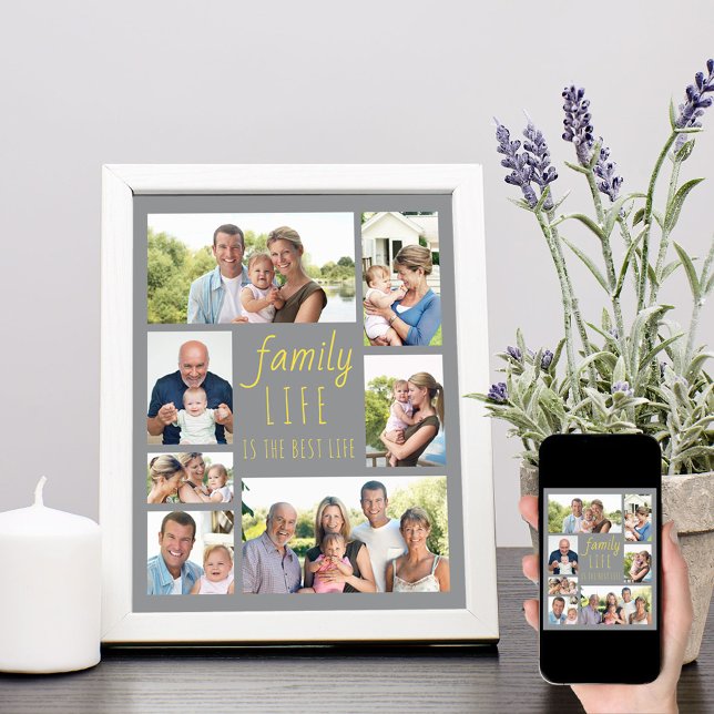 Poster Vie familiale Citation Gris et jaune Collage photo (Créateur téléchargé)