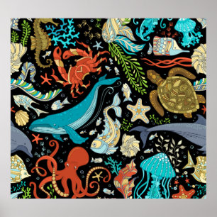 Poster Vie marine sauvage : vintage colorée.
