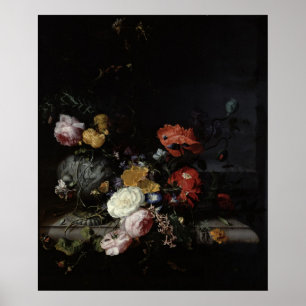 Poster Vie morte avec fleurs et insectes