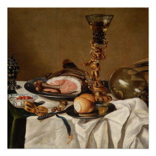 Poster Vie morte avec jambon, livres et vaisseaux ornemen