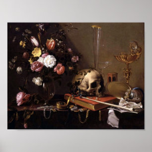 Poster Vie morte Vanitas avec Bouquet et Crâne Adriaen