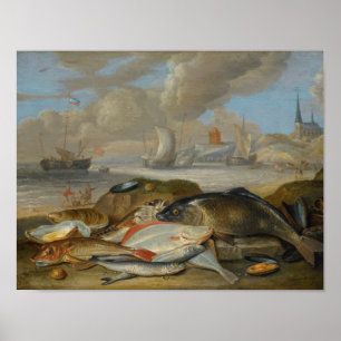 Poster Vie vintage de poissons dans un paysage portuaire