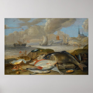 Poster Vie vintage de poissons dans un paysage portuaire