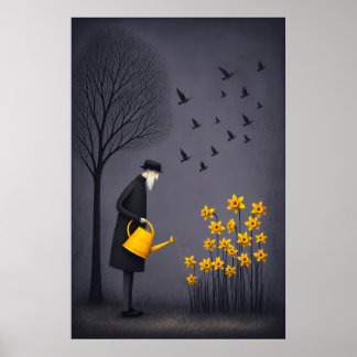 Poster Vieil Homme Arrosant l'Espoir Sous des Oiseaux Sil