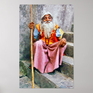 Poster Vieil homme indien avec bâton
