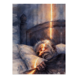 Poster Vieil Homme Nuit Blanche Faisceau Lumineux à Trave