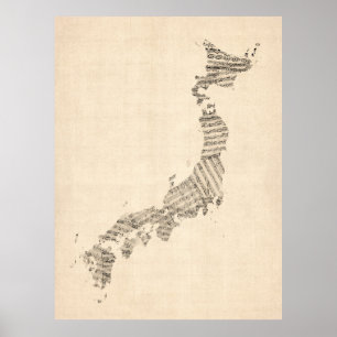 Poster Vieille carte de musique de feuille du Japon