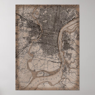 Poster Vieille carte vintage de Philadelphie 1898