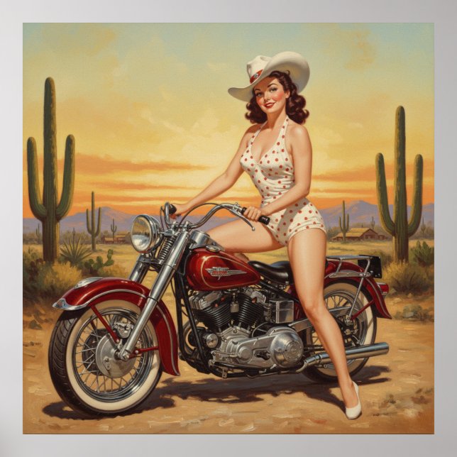 Poster vieille école Retro Pin-up fille sur moto (Devant)
