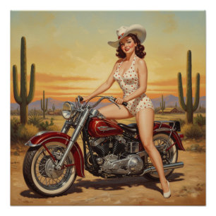 Poster vieille école Retro Pin-up fille sur moto