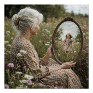 Poster Vieille femme voyant sa jeunesse dans un miroir