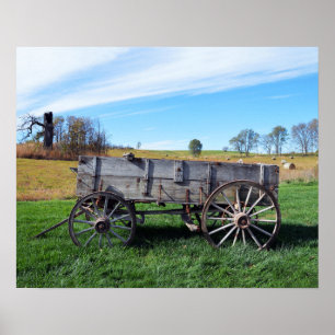 Poster Vieille ferme Wagon in Hay Field