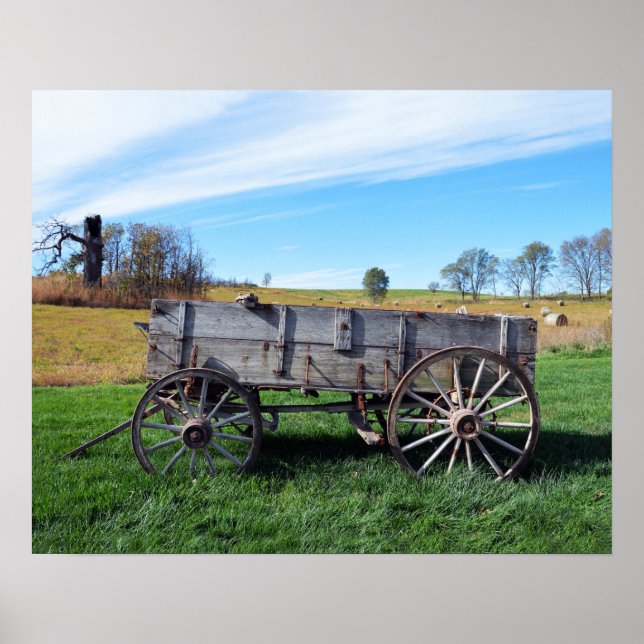 Poster Vieille ferme Wagon in Hay Field (Devant)