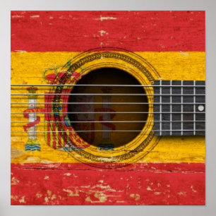 Poster Vieille guitare acoustique avec drapeau espagnol