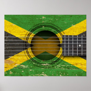 Poster Vieille guitare acoustique avec drapeau jamaïcain
