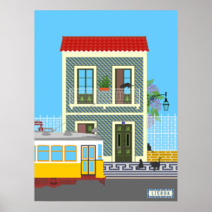 Poster Vieille maison de Lisbonne avec chats et tramway j