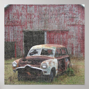 Poster Vieille voiture et vieille grange