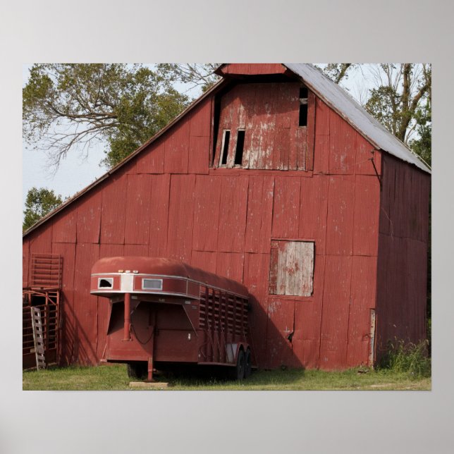 Poster Vielle grange rouge et remorque Cheval rouge Coule (Devant)