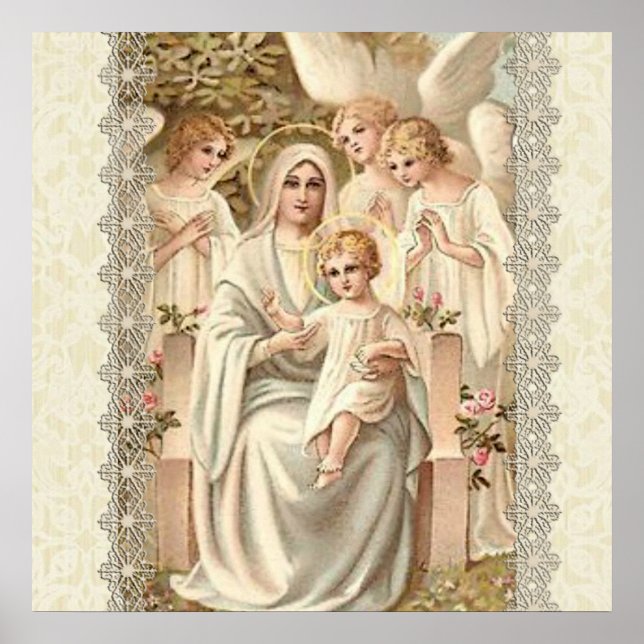 Poster Vierge Vierge Marie avec Enfant Jésus & Anges (Devant)